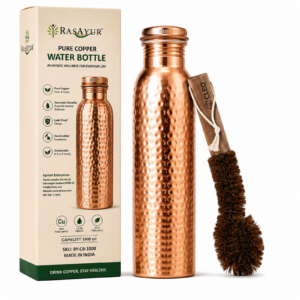 Rasayur Pure Copper Water Bottle 1000ml – Hammered Copper Design